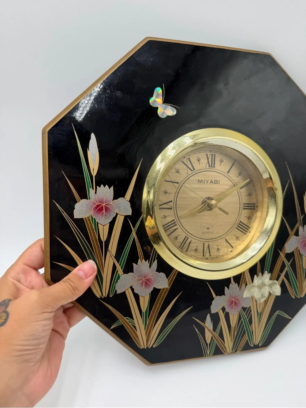 Art Deco Miyabi Quartz Clock Japan Black Lacquer Iris Floral MCM Rare - See Desc